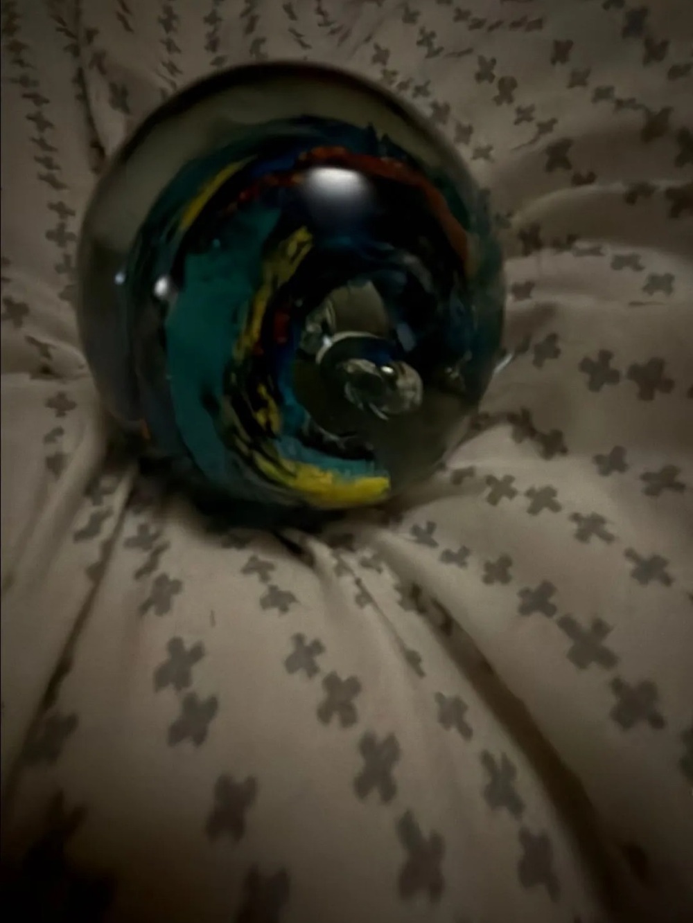 Handblown Glass Art Sculpture in Teal, Blue and Yellow